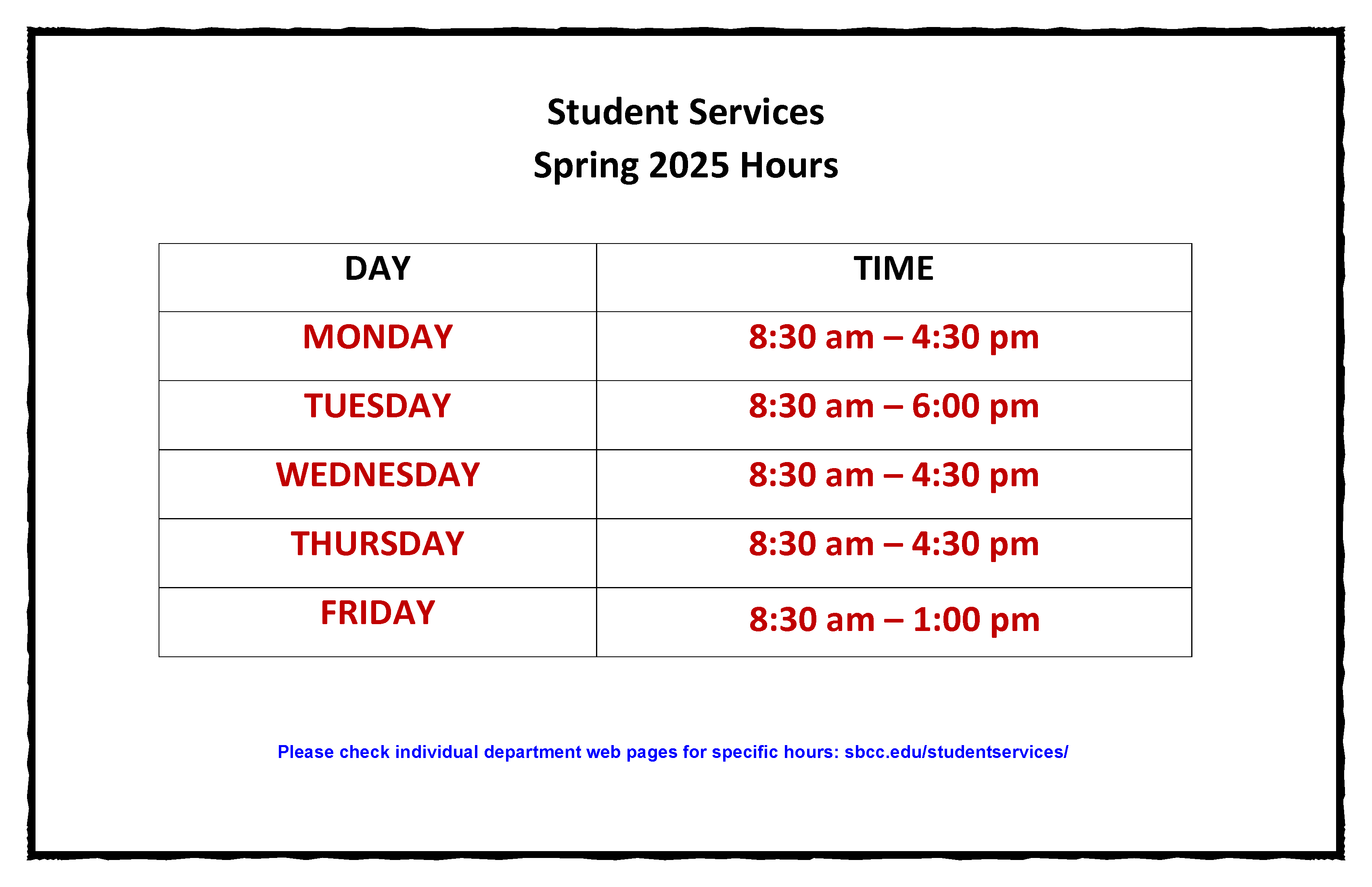 January 2025 student services hours - click for PDF