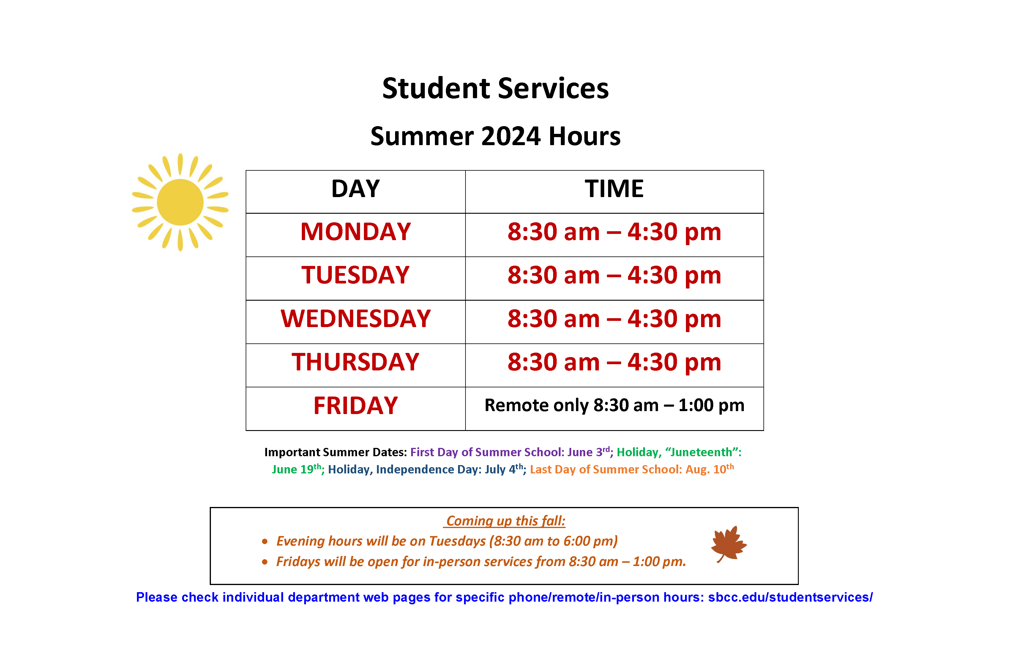 Summer 2024 student services hours - click for PDF